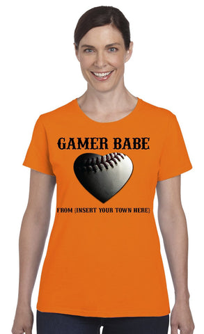 "GAMER BABE from {INSERT YOUR TOWN HERE}" BASEBALL HEART Ladies Heavy Cotton Short Sleeve T-Shirt