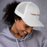 "SF GAMER BABE - KISS VERSION" White Cap, Black Lettering - Trucker Cap