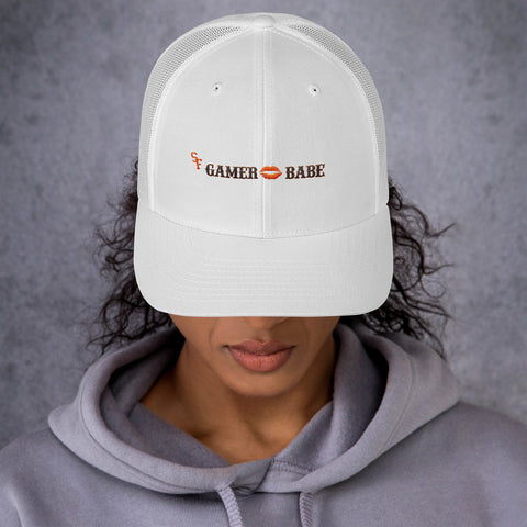 "SF GAMER BABE - KISS VERSION" White Cap, Black Lettering - Trucker Cap